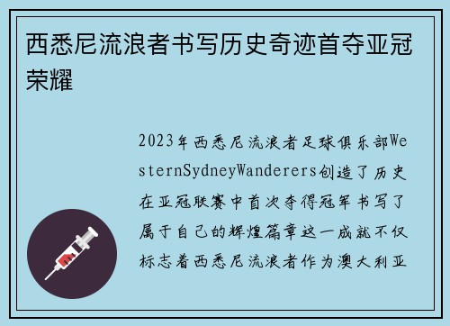 西悉尼流浪者书写历史奇迹首夺亚冠荣耀 西悉尼流浪者书写历史奇迹首夺亚冠荣耀